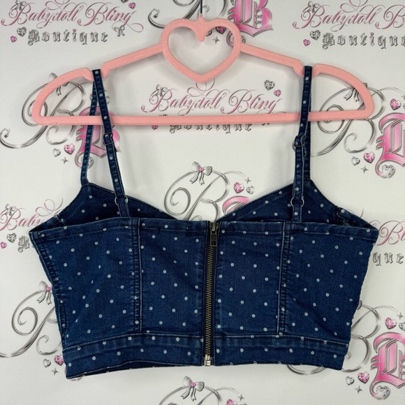 Garage polka dot denim jean crop top bustier style tank top blue white fitted - Picture 3 of 7